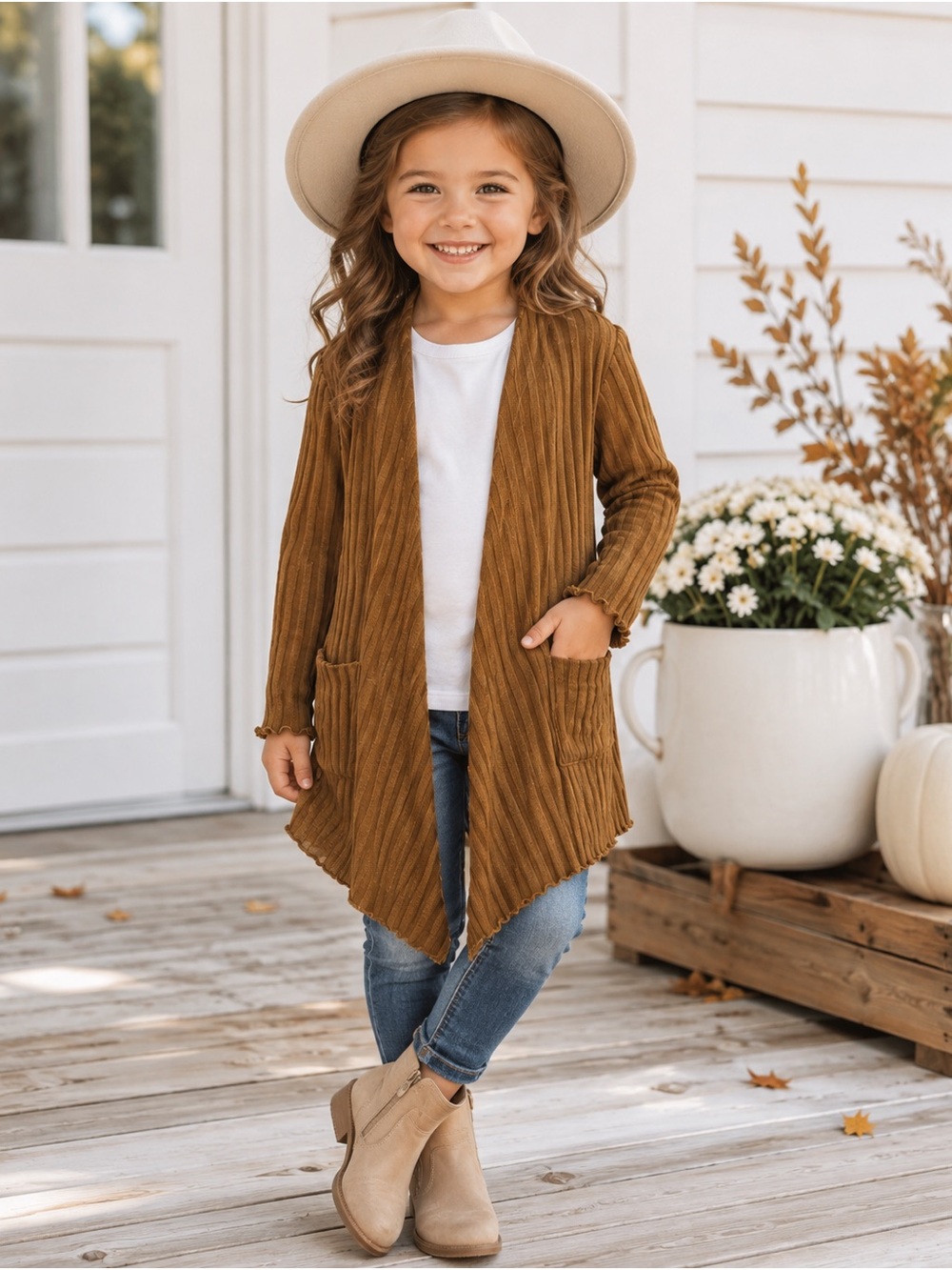 Dot Dot Smile Girls Ribbed Open-Front Cardigan Jacket - Camel Brown